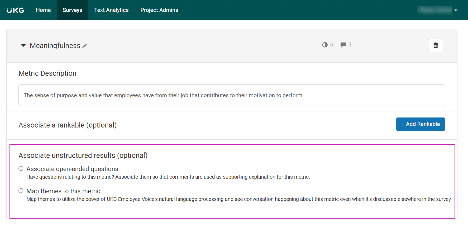 Displays two radio button options, the options are Associate open-ended questions or Map UltiPro Perception themes to this metric