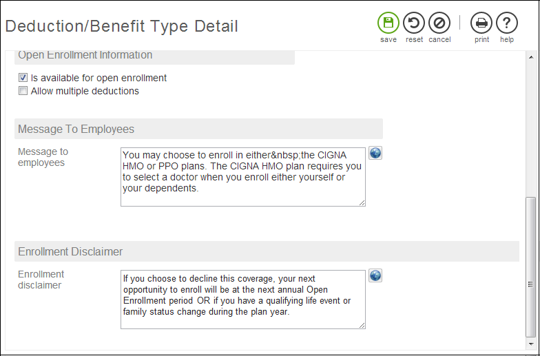 Deduction Benefit Type Detail Page - Messaging