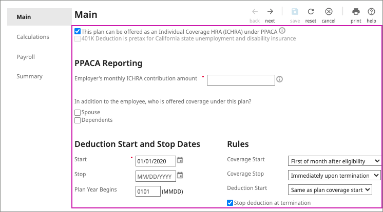 The PPACA Reporting options when the Individual Coverage HRA (ICHRA) is selected.