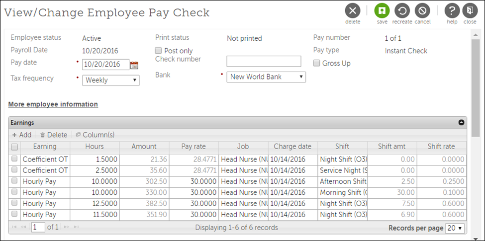 View/Change Employee Pay Check with Configured OT and Shifts Example