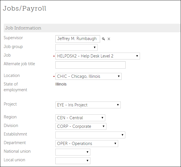 Add Employee Jobs/Payroll page - Job Information