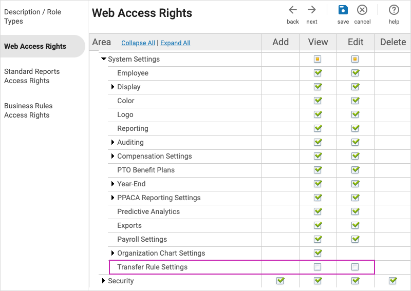 Web Access Rights page