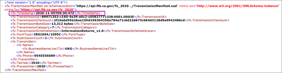 California Manifest File with the Timestamp Element Highlighted