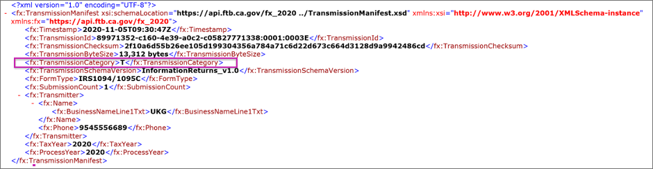 California Manifest File with the Transmission Category Highlighted