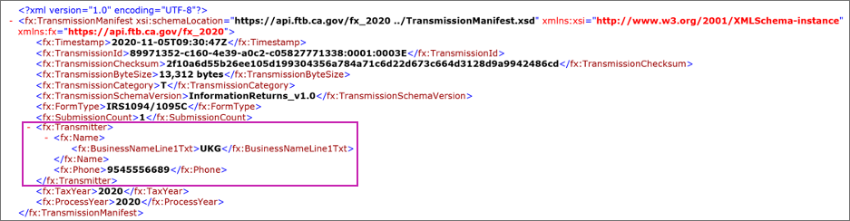 California Manifest File with the Transmitter Element Highlighted