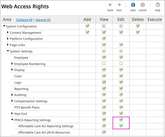 ACA Reporting Settings Web Access Rights