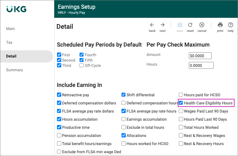 Earnings Setup > Detail Page with the Include Earning In Health Care Eligibility Hours Option Highlighted