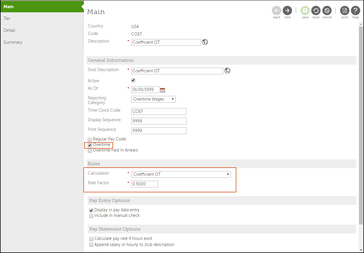 Earnings Configuration Main Page with Selections for Coefficient Overtime Calculation