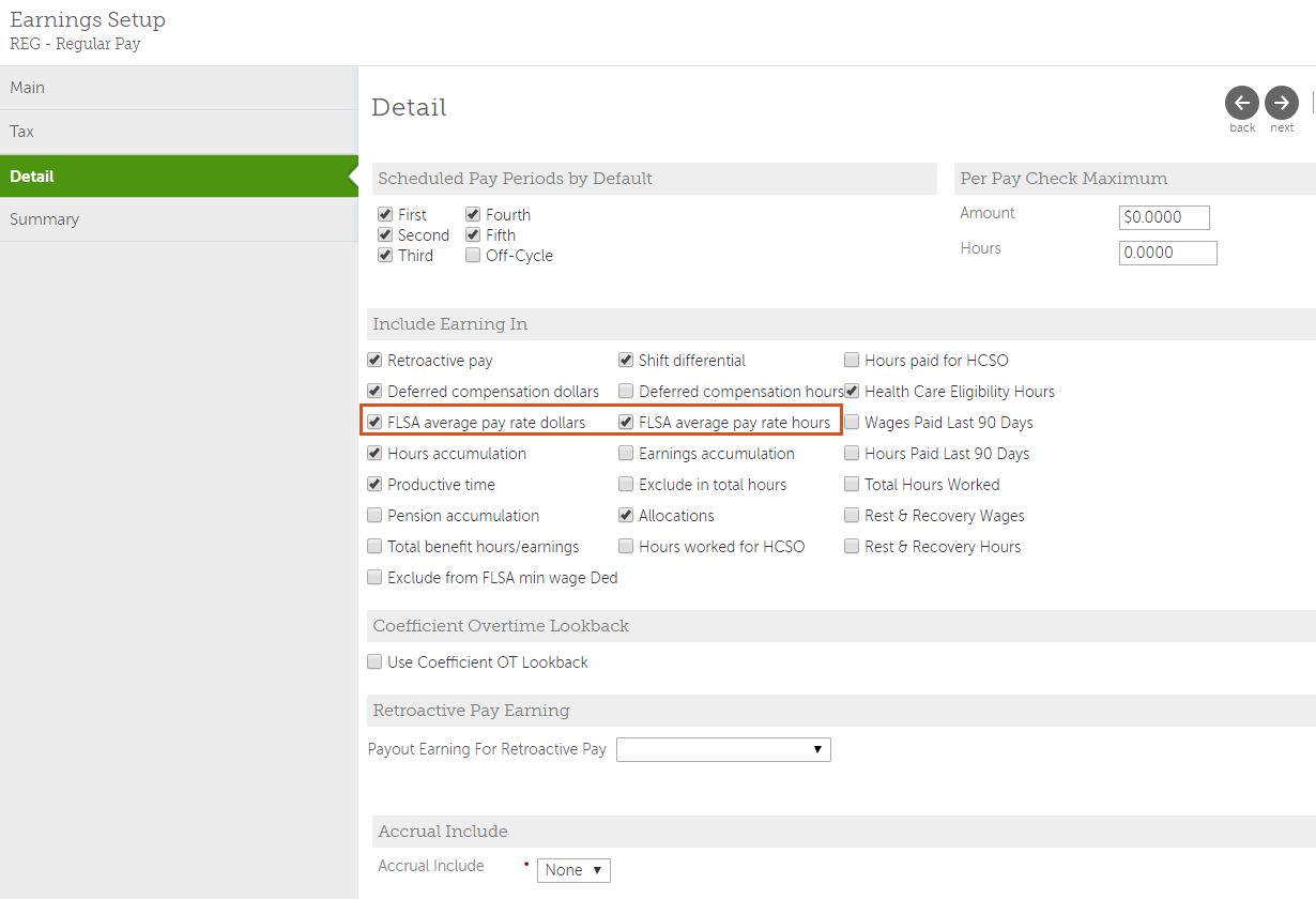 Earnings Details Configuration with checked FLSA boxes