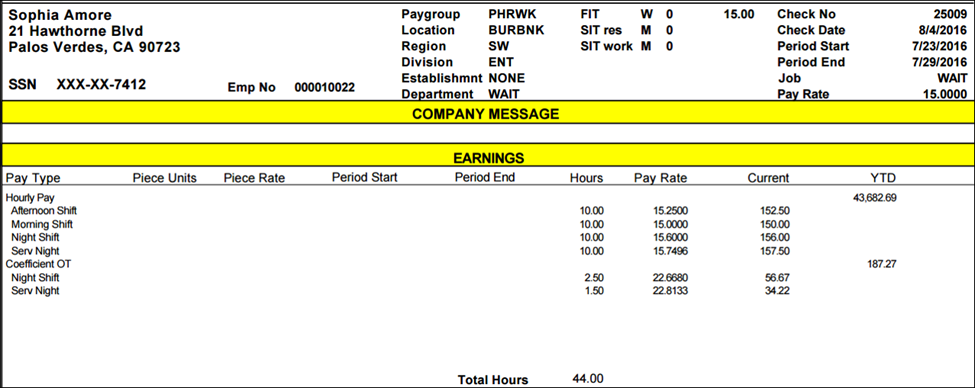 Pay Statement with Detailed Shifts and OT Example