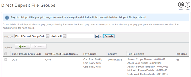 Review message from the Direct Deposit FIle Groups page