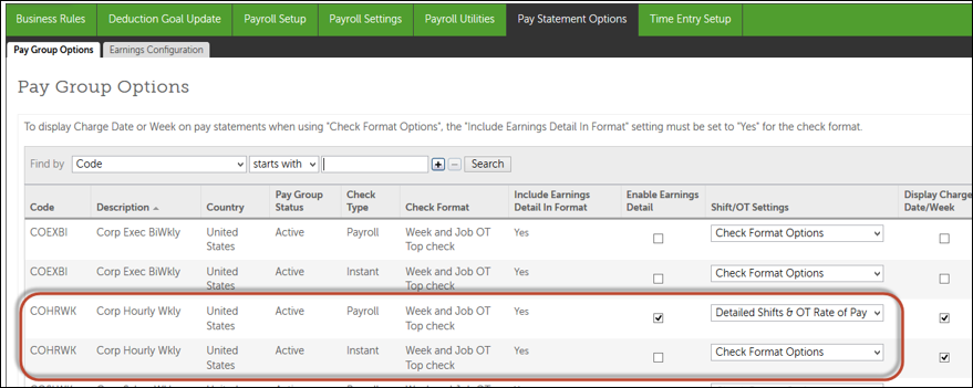 Pay Groups with Detailed Shifts & OT Rate of Pay Selected for Pay Statement Display