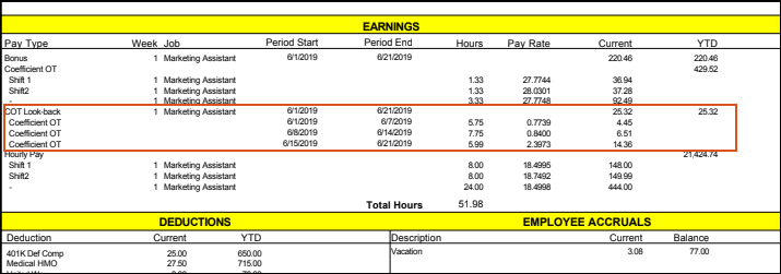 An example of a pay statement with multiple Coefficient Overtime look-back calculation details