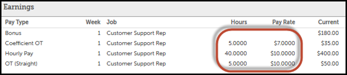 Example Pay Statement with Three Configured Earnings and Detailed Shifts & OT Rate Disabled