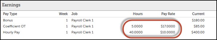 Example Pay Statement with Two Configured Earnings and Detailed Shifts & OT Rate Enabled