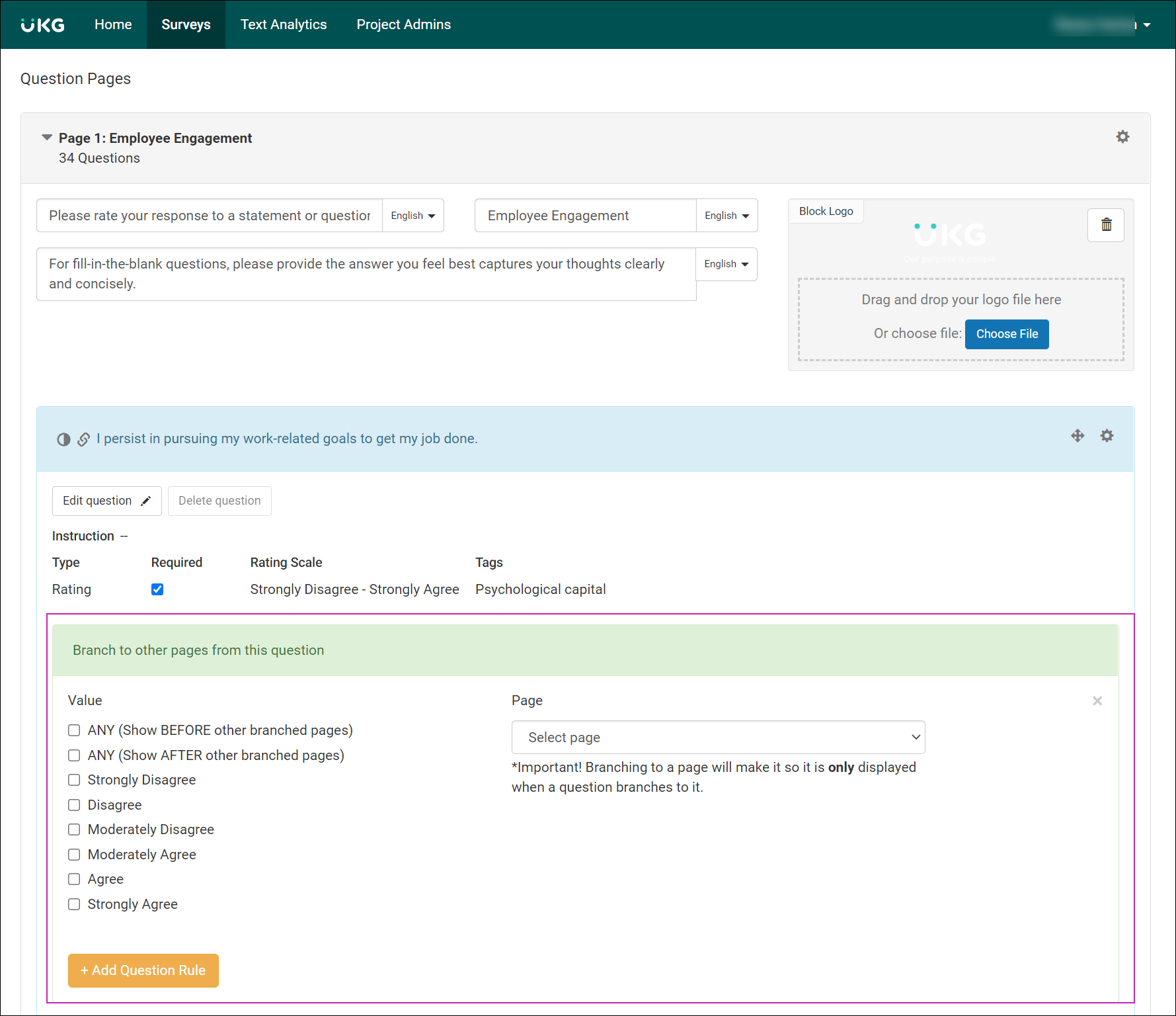 Create a Survey page, Question Page 2 includes a yes or no question. Branching logic section displays a list of values: Any (show BEFORE other branched pages), Any (show AFTER other branched pages, Yes, and No. It also displays a drop-down list to select a page to branch to.