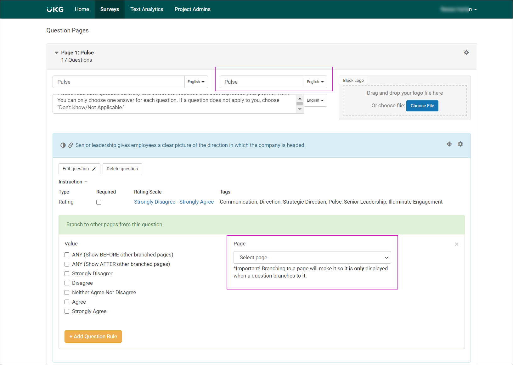 Create a Survey page. Question Page 2 section displays three textboxes: Prompt Title, Page Title, and Page Description. Branching Logic section provides option to select a Page Title to branch to.