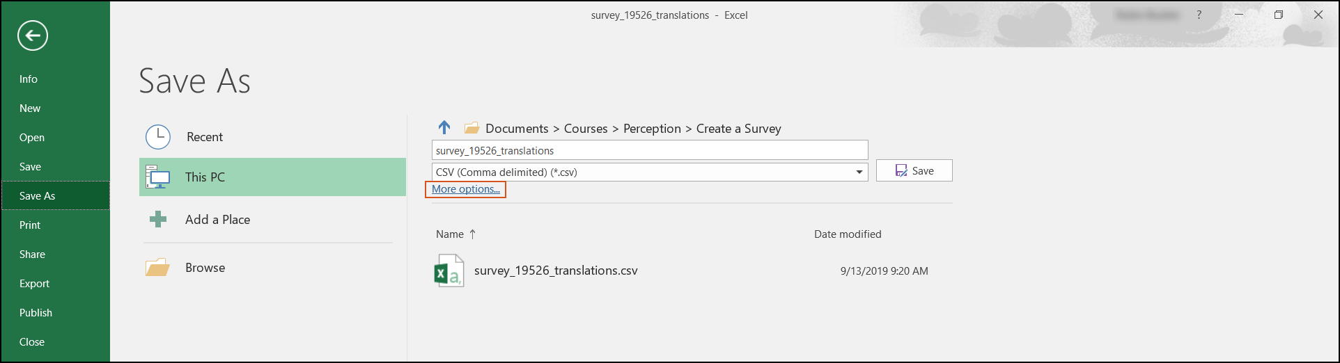 The Save As window in Excel shows the file name and file type. It also shows a More Options link.