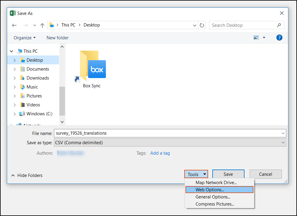 The Save As dialog box shows three buttons: Tools, Save, Cancel. The Tools button is a drop-down with the options: Map Network Drive, Web Options, General Options, and Compress Picture.