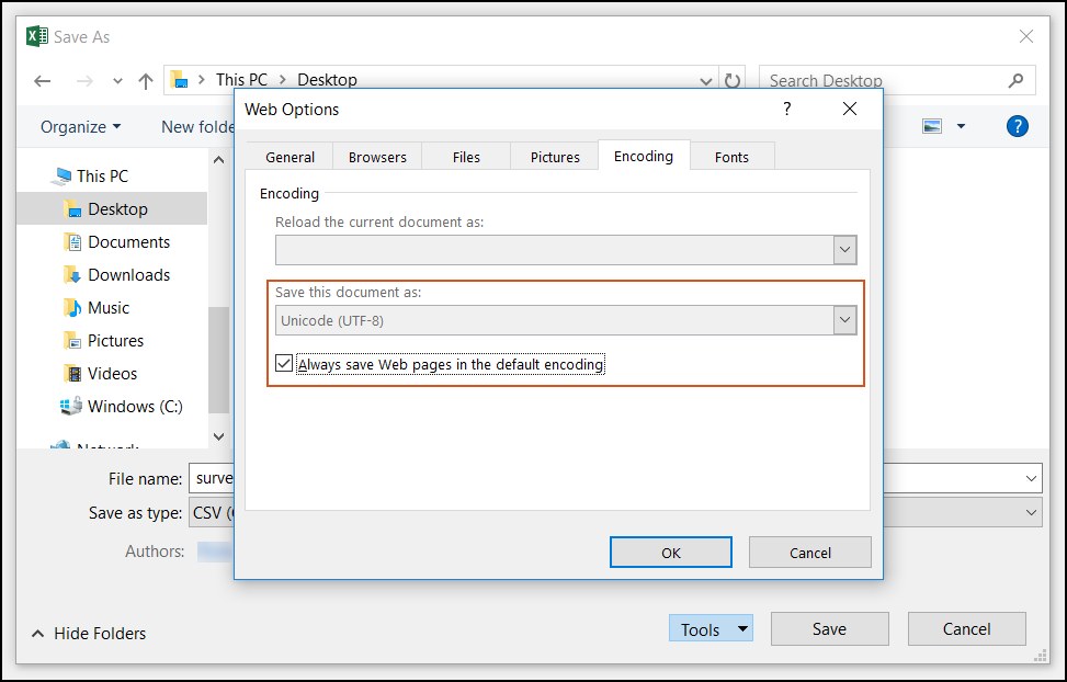 The Web Options window displays the option to save this document as Unicode (UTF-8) and a checkbox to always save web pages in the default encoding.