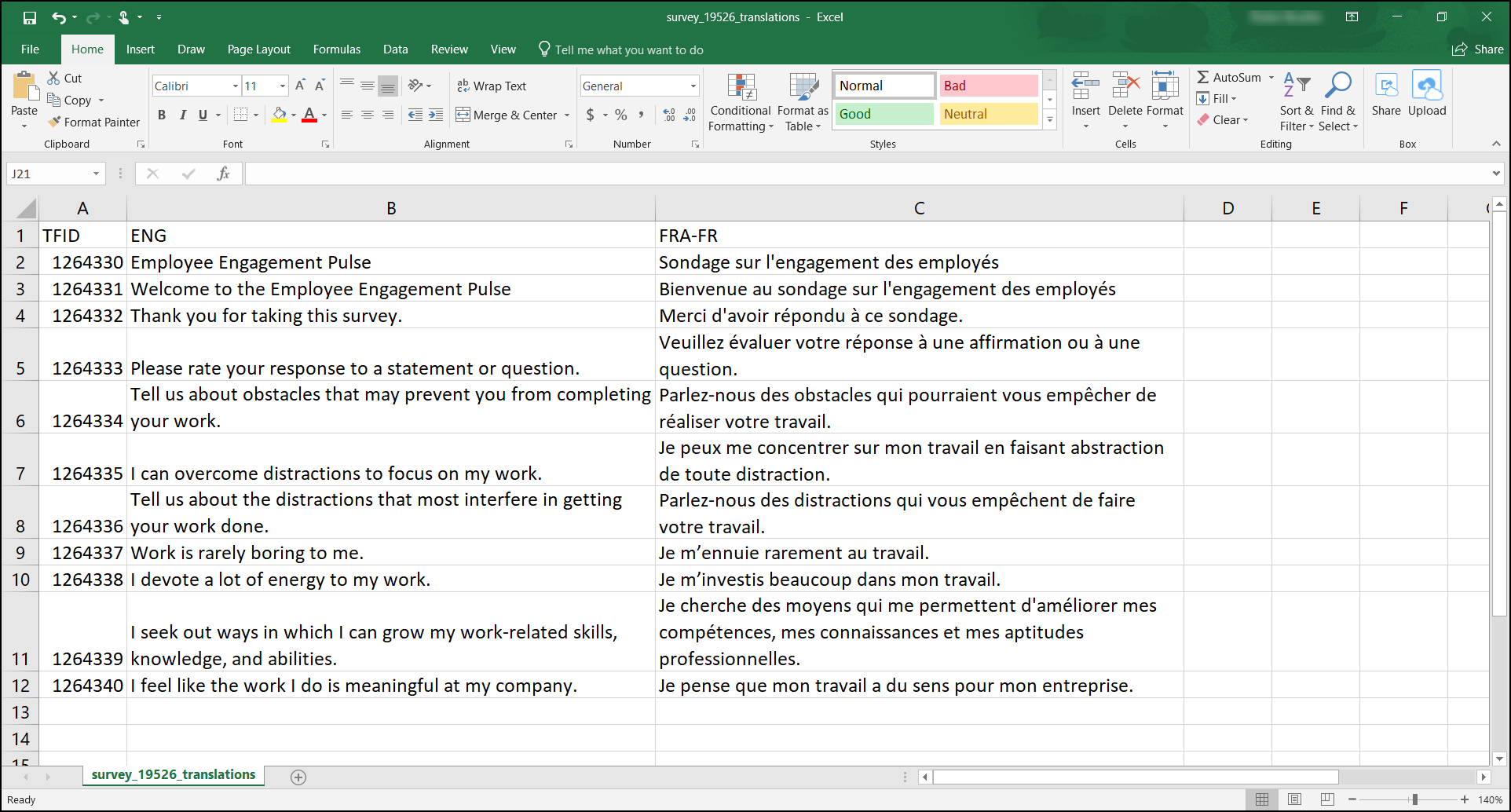 The downloaded CSV file shows three columns: TFID, ENG, and FRA-FR.