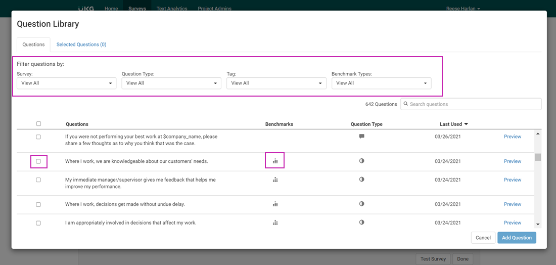 Create a Survey page. The Add Question From Library window displays four methods to filter questions: Survey, Question Type, Tag, and Benchmark Type.