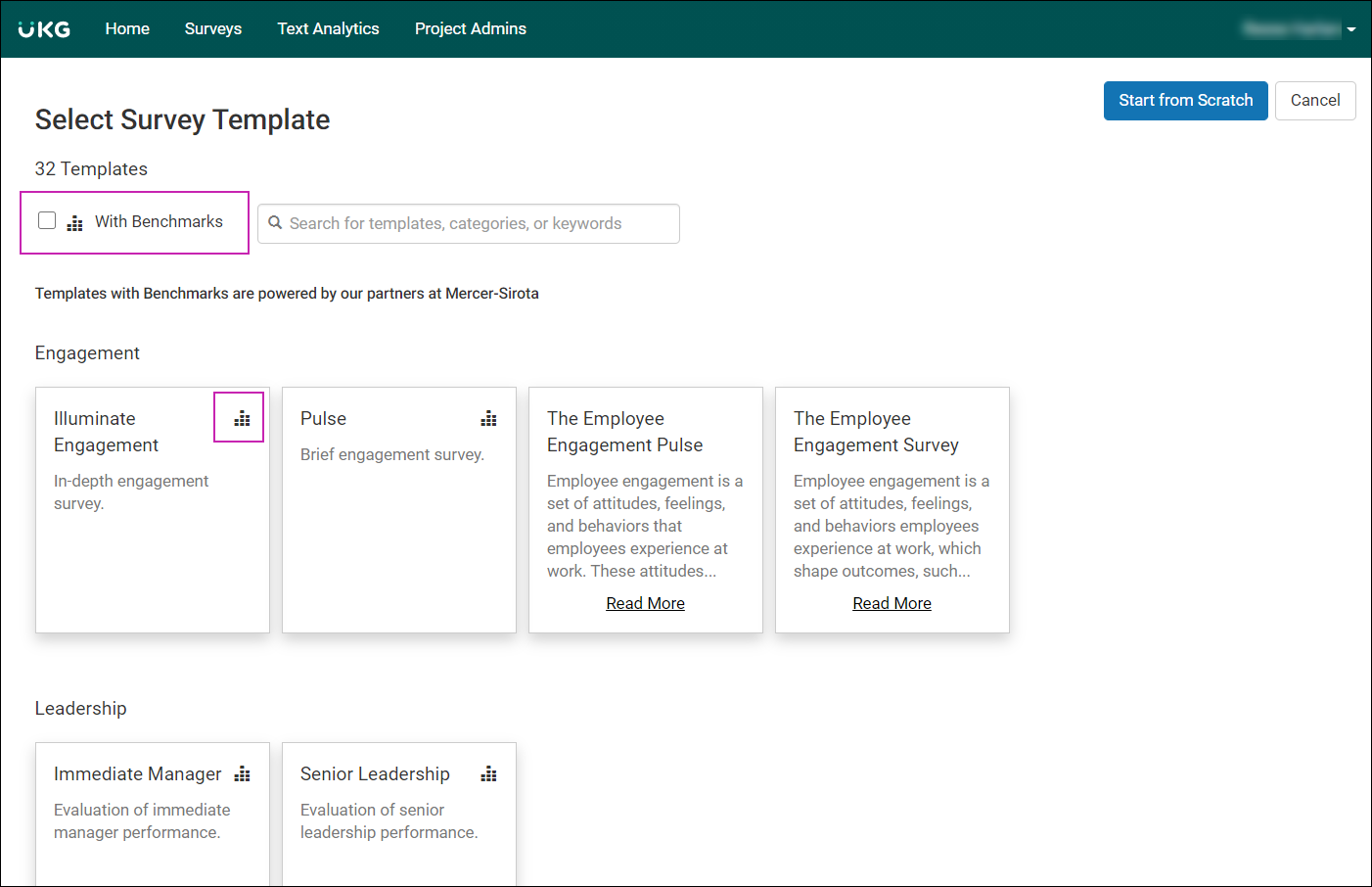 The Select Survey Template page displays the number of templates available, a filter to only show templates with benchmarks, and a textbox to search for templates, categories, or key words. Templates with benchmarks display a graph icon.