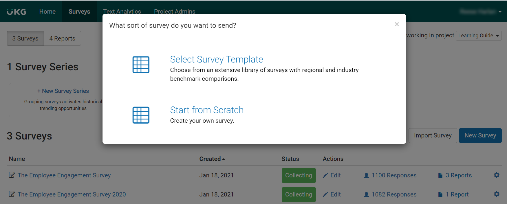 The Select Survey Template page displays the number of templates available, a filter to only show templates with benchmarks, and a textbox to search for templates, categories, or key words. Templates with benchmarks display a graph icon.