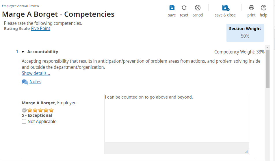 Performance Review - Competencies Page for Employee