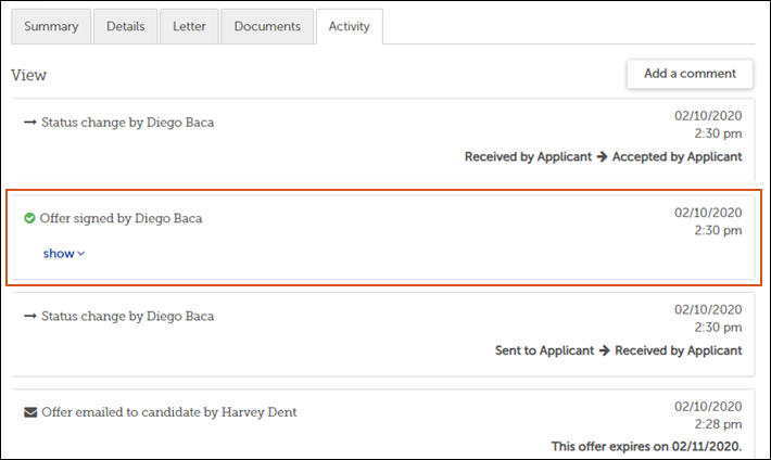 Activity tab for an offer, showing the electronic signature and acceptance