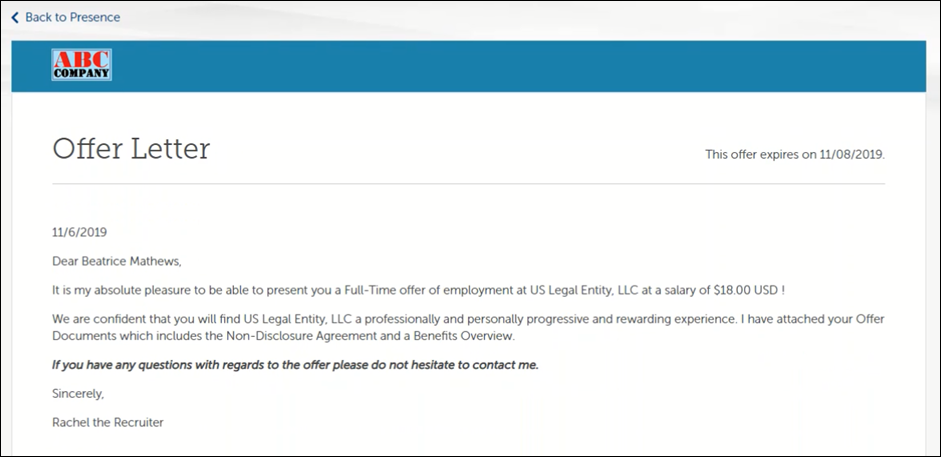 Example letter on the Offer Details page