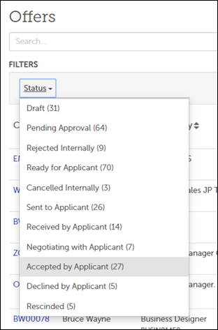 Accepted By Applicant in the Status filter for the Offers list page
