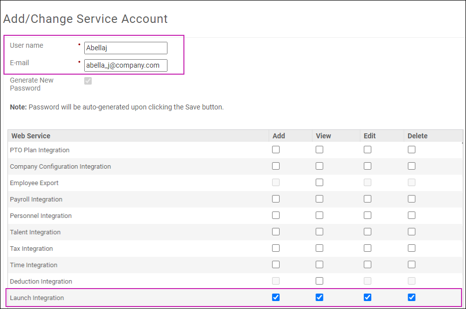 Shows the required fields highlighted to add a new service account for Launch.