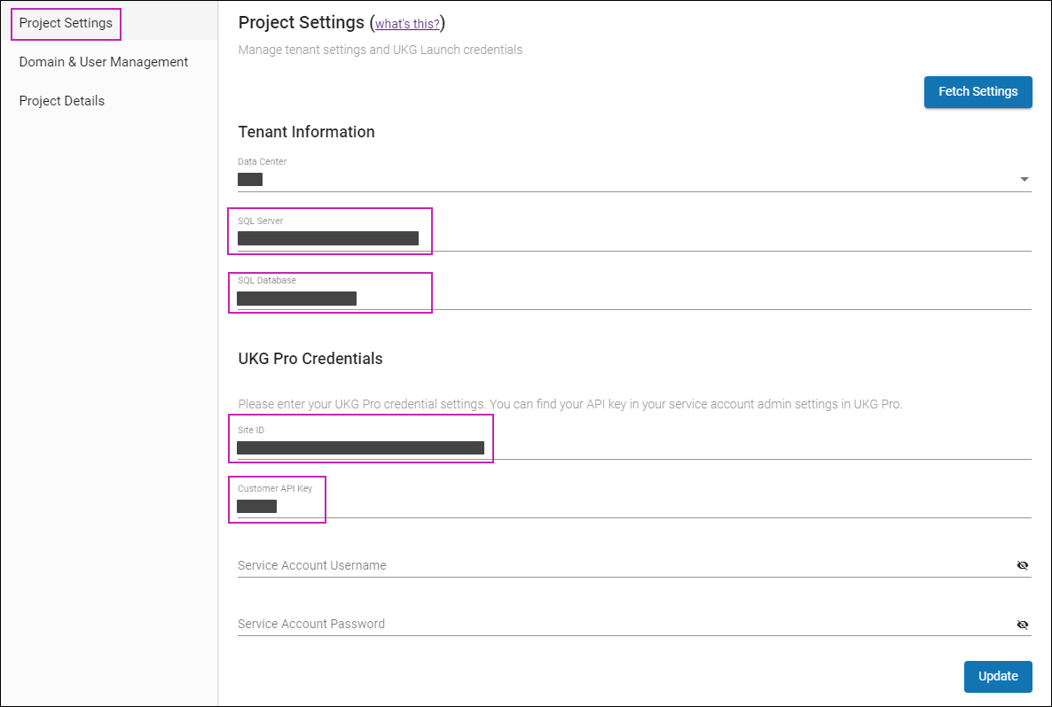 Shows the Project Settings page with the required fields highlighted.