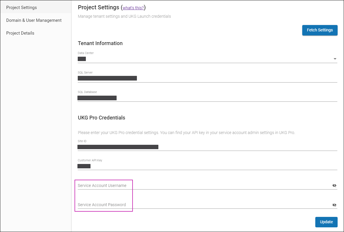 Shows the Account fields highlighted in Project Settings