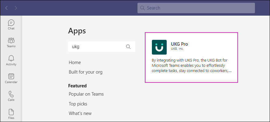 A search in Microsoft Teams for "UKG Pro" with the UKG Pro app as a search result.
