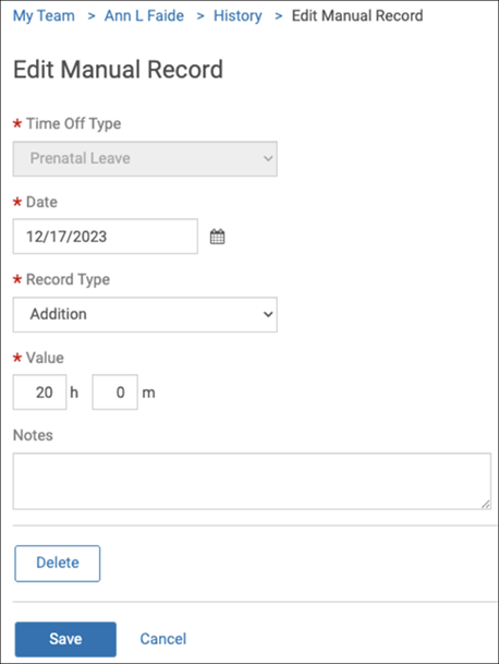 Edit Manual Record page showing 20 hours granted to the employee.