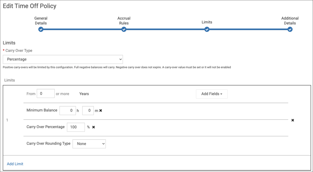 Limits page showing Percentage as the selection at the Carry Over Type field.