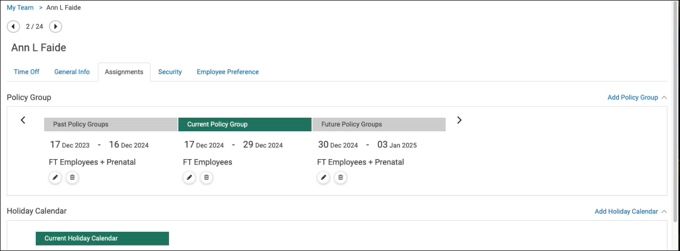 Assignments tab showing an employee was assigned to a prenatal policy group, a policy group without prenatal leave, and then again to a policy group with prenatal leave.