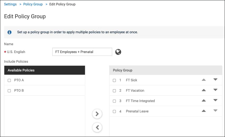 Edit Policy Group page showing Prenatal Leave in the Policy Group list.