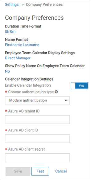 Company Preferences page showing the Calendar Integration Settings fields