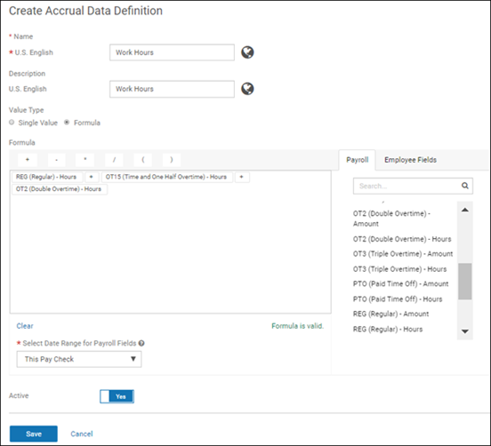 Create Accrual Data Definition page