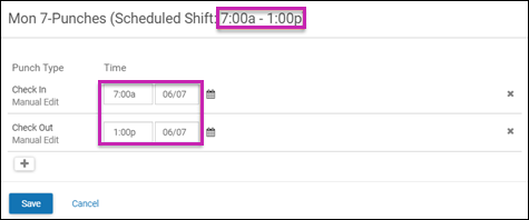 Example of a meal inserted automatically where Attendance Out of Shift option is not required