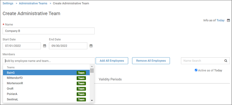 Create Administrative Team page where you can select members of the team