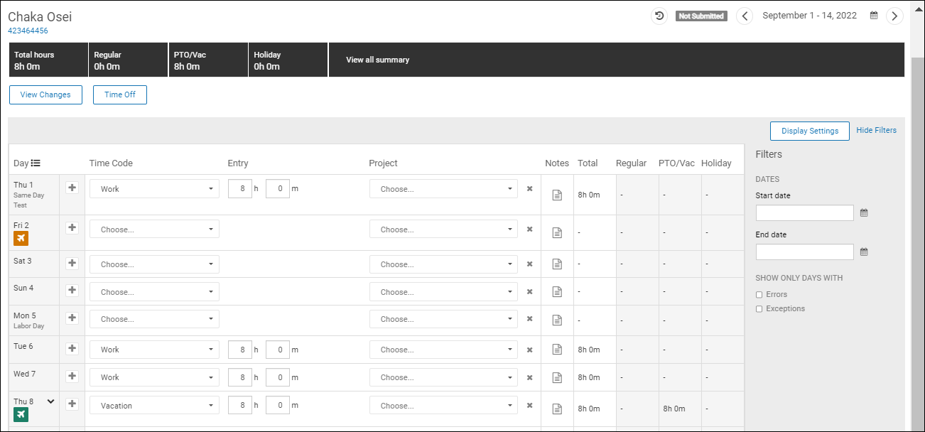 Manager view of employee timesheet