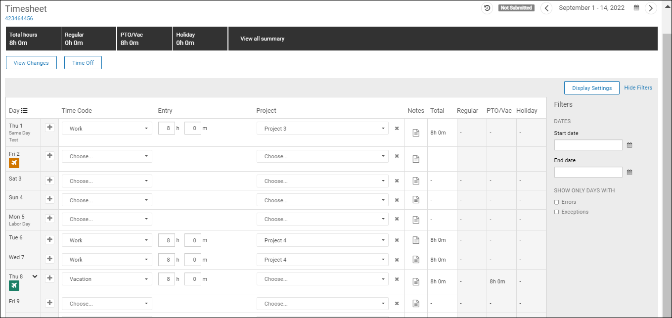 Employee view of a timesheet