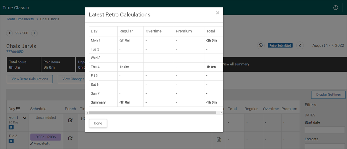 Latest Retro Calculations page in Time Classic