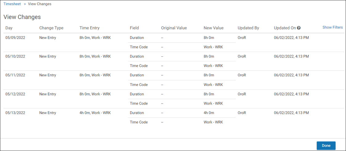 View Changes page in Time Classic