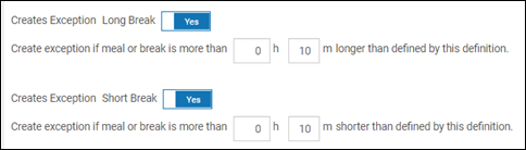 Configuration for long break and short break exceptions