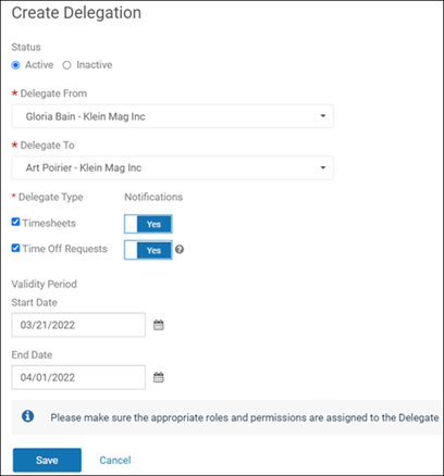 Create Delegation page with Timesheets and Time Off Requests options selected